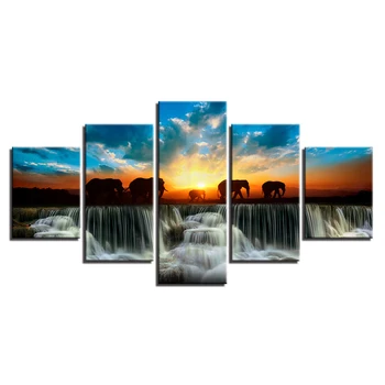 

Home Decor Modern HD Printed Paintings 5 Panel Elephant Animal Sunset View Wall Art Frame Canvas Living Room Shipped 24 Hour