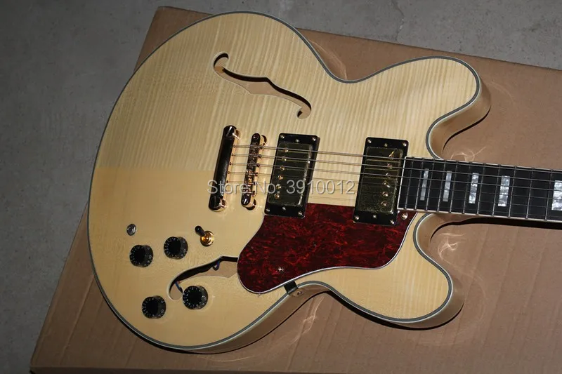 Factory Wholesale Wood Color Body Semi-hollow Electric Guitar with Tiger maple veneer Red tortoise shell panel Offer Customized Factory Wholesale Wood Color Body Semi-hollow Electric Guitar with Tiger maple veneer Red tortoise shell panel Offer Customized
