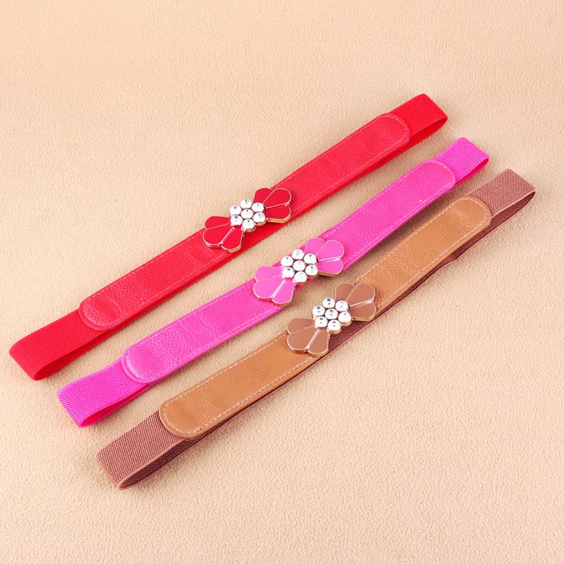 

Adjustable Waist Belts Gifts Women Rhinestone Pink Enamel Bow Strap Belt Flower Cicada Buckle Gold Plated Adjust PU Leather Thin