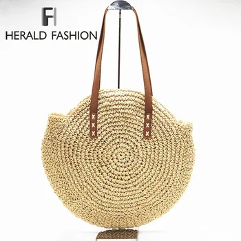 

Herald Fashion Women Round Straw Beach Bag Casual Handmade Woven Shoulder Bag Bohemian Summer Vacation Raffia circle Rattan Bags