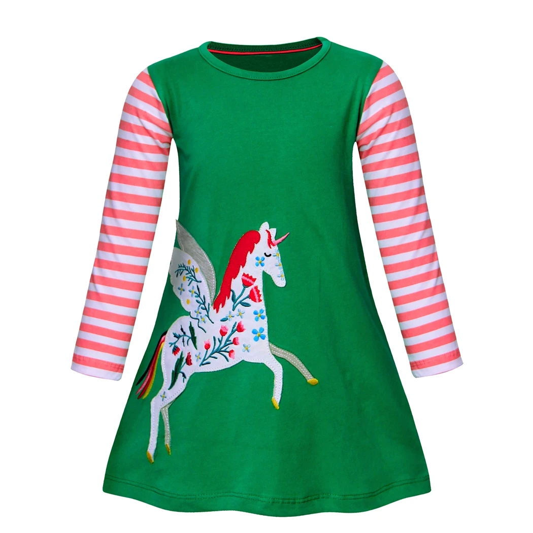 

AmzBarley Girls Cotton Long Sleeve Dress Casual Appliques Striped Jersey Kids Dresses Unicorn Pattern Birthday Party Dresses