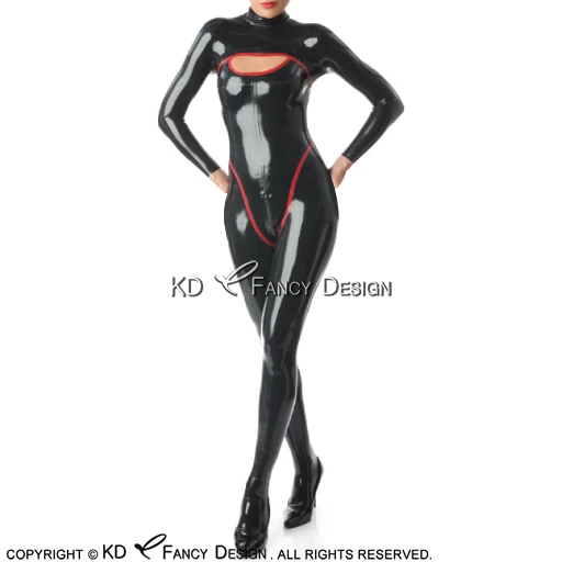 

Black With Red Sexy Latex Catsuit With Feet Socks Trims At Front And Back Zip Rubber Bodysuit Zentai Overall Body Suit LTY-0255