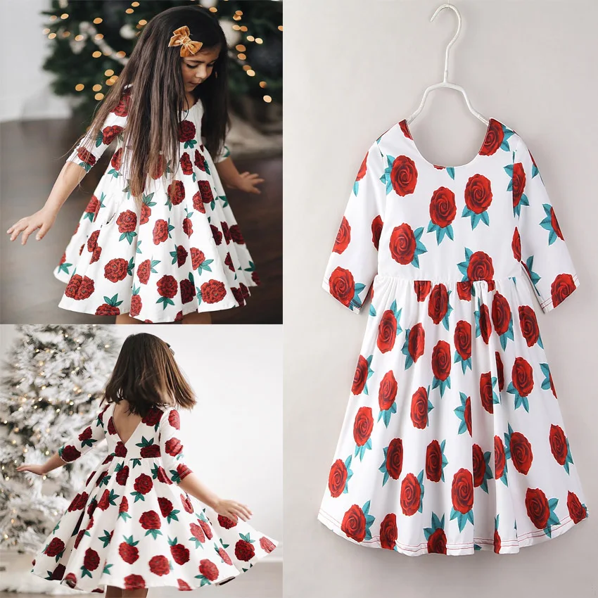

VTOM Baby Kids Girls Summer Dress Kids Floral Princess Half Sleeve Dress Baby Party Rose Flower Dresses Children Clothes