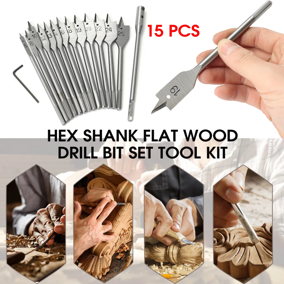

Doersupp 15Pcs Spade Flat Wood Drill Bit Set 6-25MM Hex Shank Drill Bits FULLER Steel Hand & Power Tool Accessories