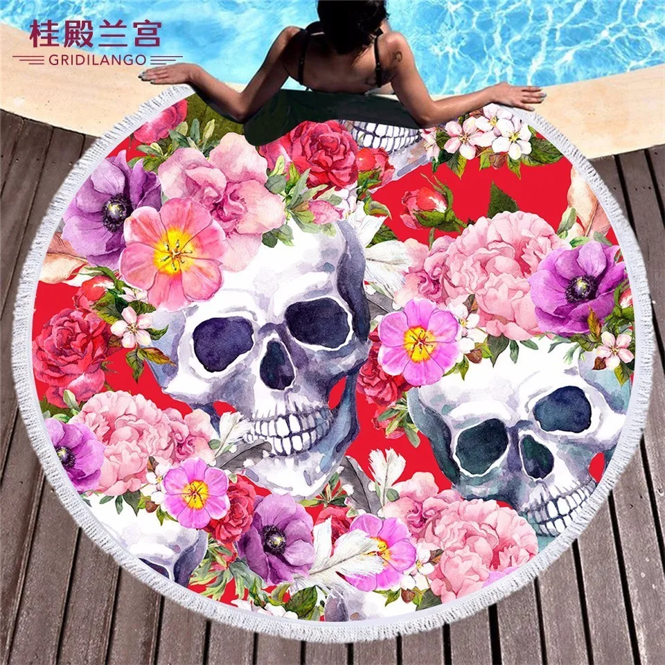 

GRIDILANGO Sugar Skull Hippie Flowers Round Beach Towel For Adult Quickly Absorbtable Swimming Travel Outdoor Blanket Bath Towel