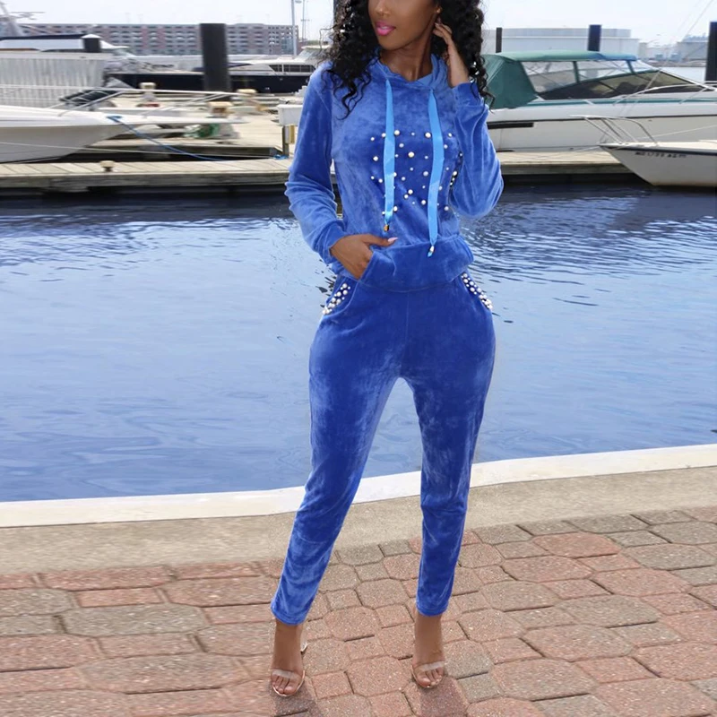 Winter New Velvet Jumpsuit Long Sleeve With Pearl Embellished Two Piece Rompers Women Full Length Bodysuit Outfit | Женская одежда