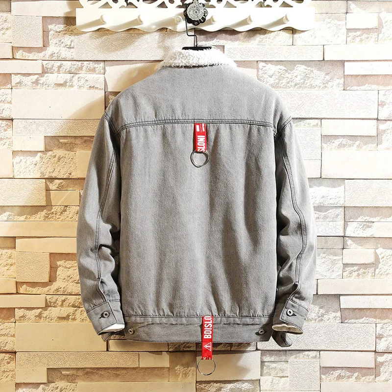 #7418 Winter Lamb Fleece Thick Denim Jacket Men Warm Letter Ribbons Streetwear Slim Bomber Jeans Jacket Homme Plus Size XXXL