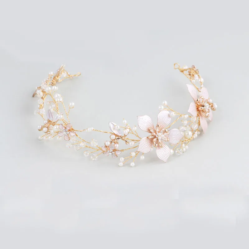 

Dower Me Pearl Rhinestone Hair Band Tiara Gold Flower Leaf Headband Hair Vine Handmade Wedding Hair Accessorie