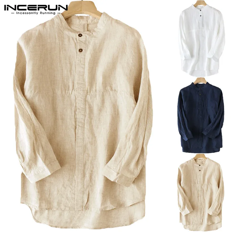  Vintage Men's Shirt Stand Collar 3/4 Sleeve Button Cotton Linen Solid Color Blouse Chinese Style Le