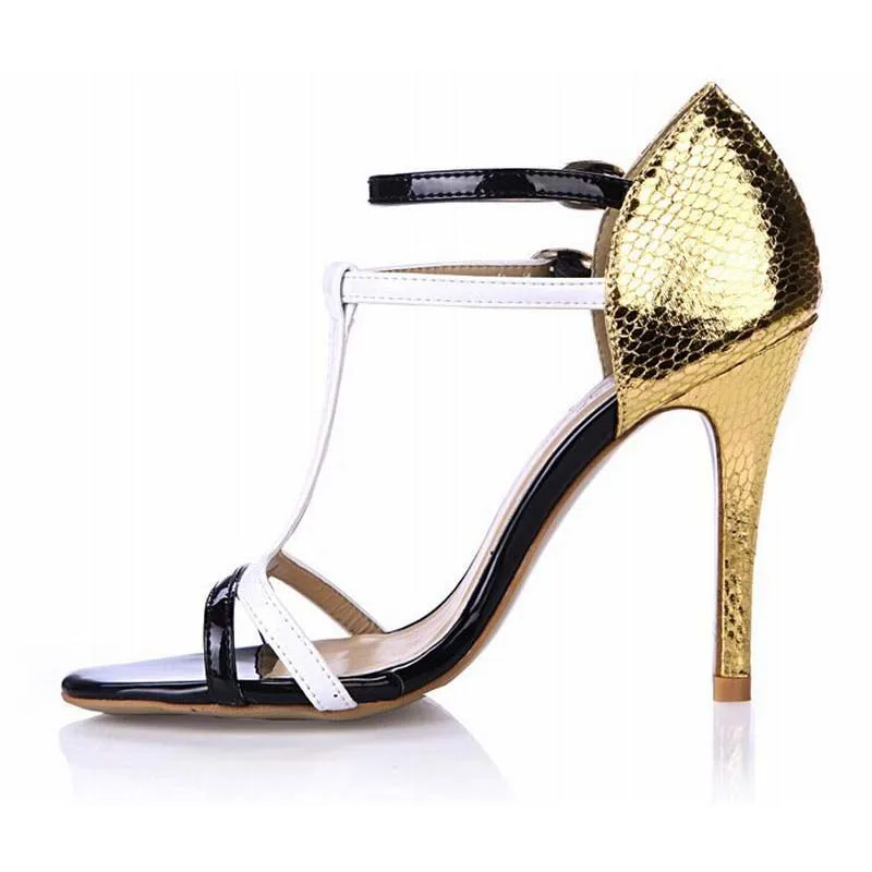 

35-43 new sexy fashion snake patchwork buckle T-strap high heels sandals summer wedding pumps shoes fashion women 2016 sandalias