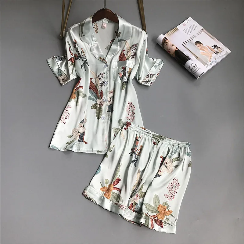 

2019 Summer Silk Pyjamas Women Pajamas Sets With Shorts Flower Print Short Sleeve Satin Sleepwear Pijama Mujer Female Nightsuit