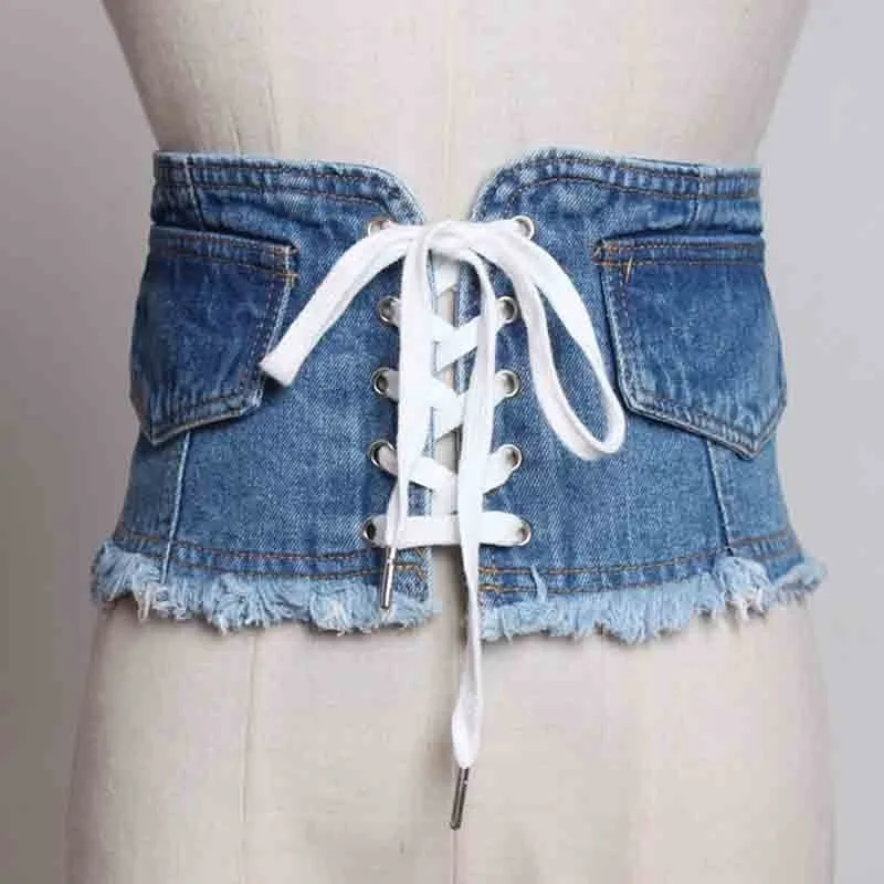 

[YaLee] New Fashion 2019 Spring Summer Blue Splice Pockets Lace-up Tassel Irregular Back Zipper Wide Denim Girdle Women Y797