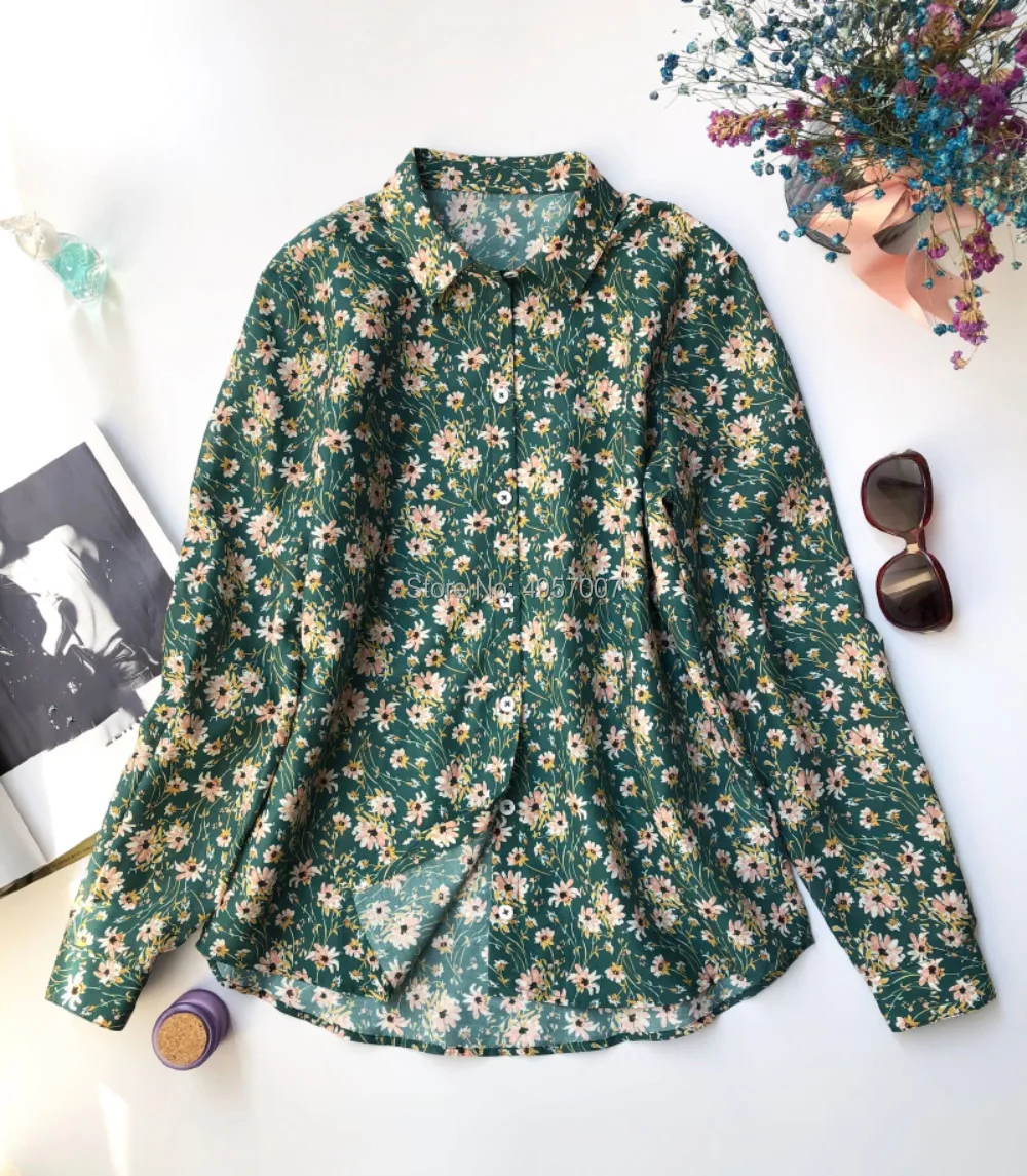 Silk 30% & Cotton 70% Blend Vintage Style Floral Print Shirt Top - 2019 Spring Summer Women Newest Long Sleeve Blouse Shirt 2