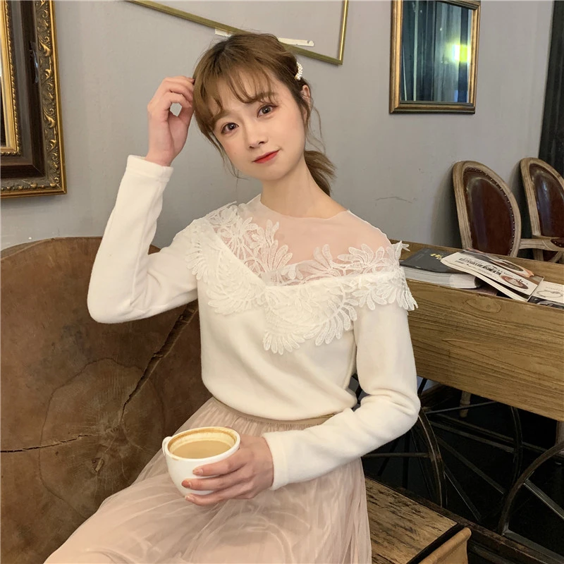 

Fashion 2019 Korean Lace Slash Neck Shirts Blouse Casual Mesh Patchwork Ladies Long Sleeves Slim All-match Pullover Shirts