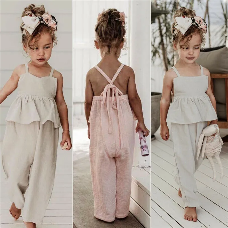 

1-6Y Kids Baby Girl Outfits Casual Summer Cotton Clothes Ruffle Sleeveless Strap Vest Long Pants Solid Color 2Pcs Girl Sets