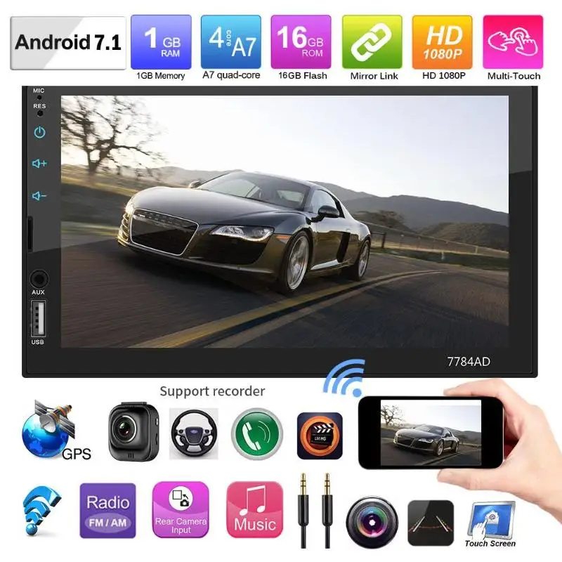 

VODOOL 7784AD 7Inch Wifi Car GPS Tracker 2Din Android 7.1 Car Stereo MP5 Player GPS Navsion FM AM Radio BT4.0 with Map+Camera