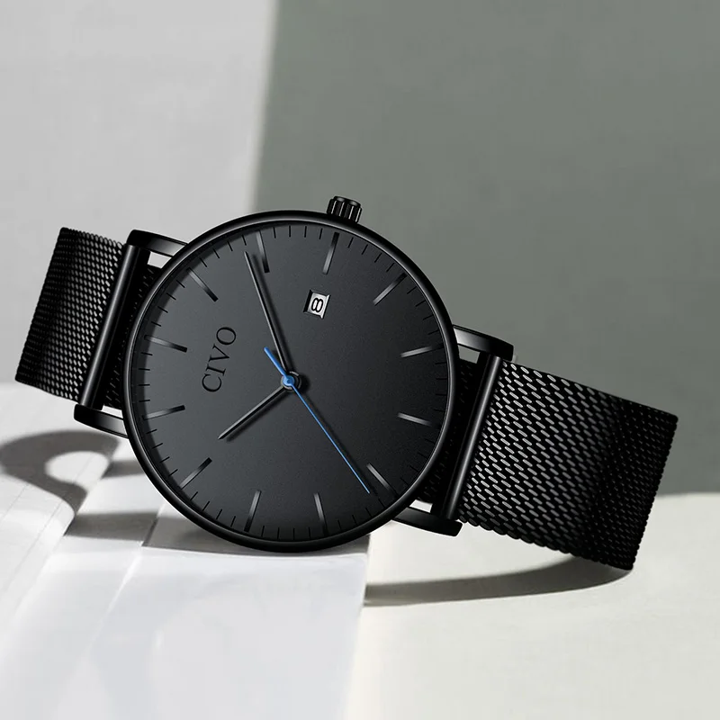 

CIVO New Ultra Thin Quartz Clock Watch Mens Fashion Luxury Waterproof Date Watch Male Reloj Hombre Black Steel Mesh Strap Watch