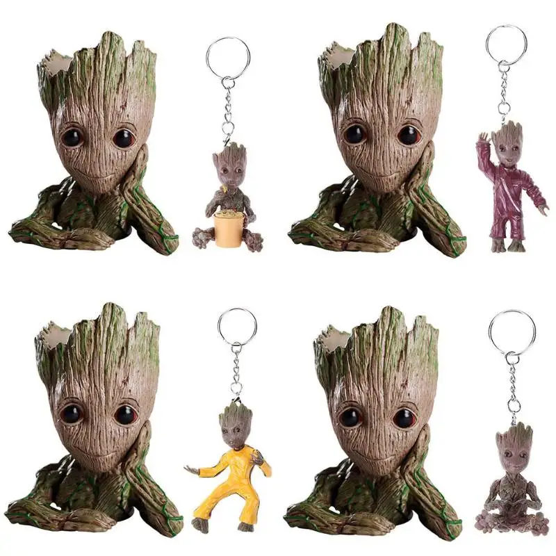 

Baby Flowerpot Groot Action Figures Model Toy Pen Pot Holder with 1PC Keychain Christmas Bithdays Gift for Kids Flowepot