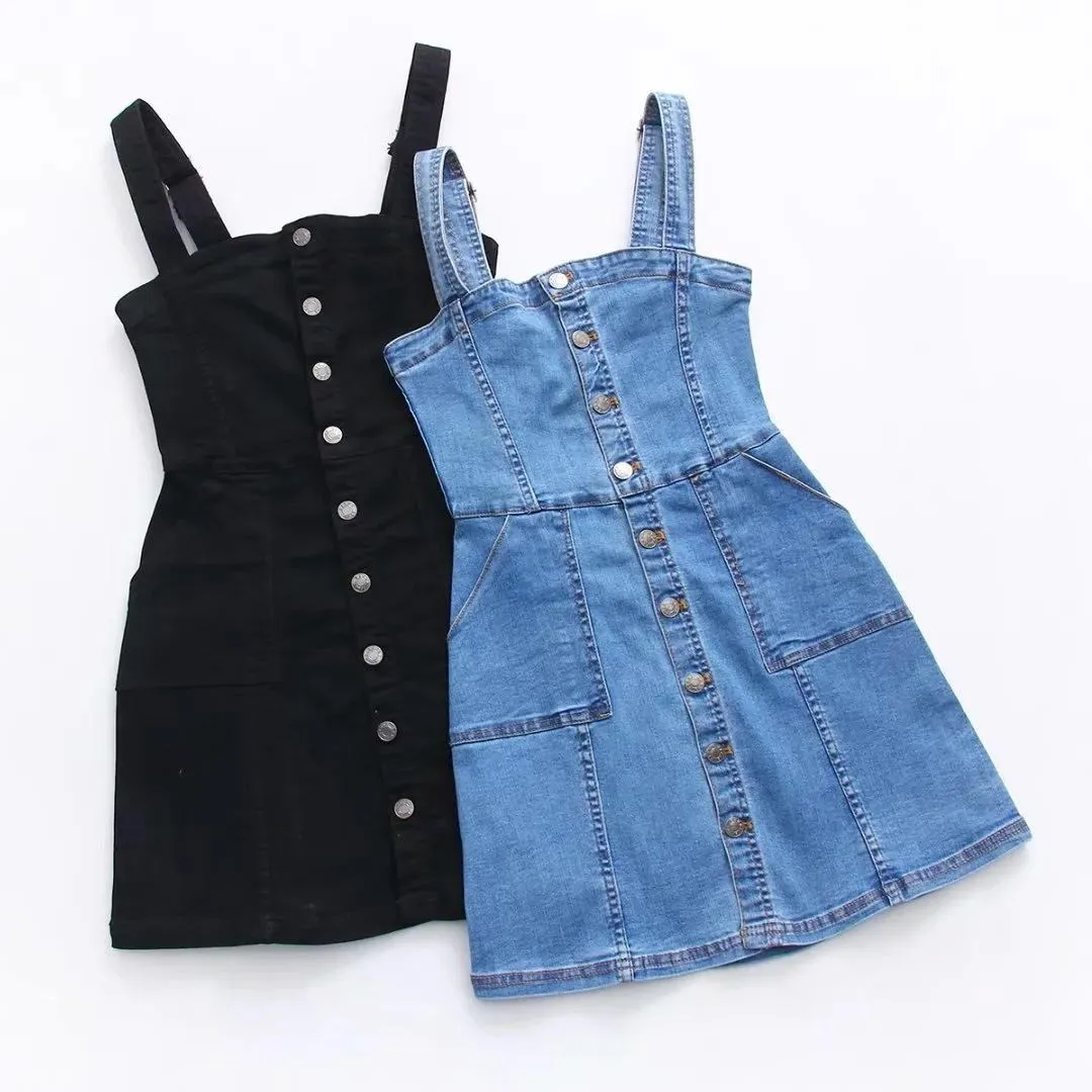 Women Straps High Waist Denim Dress 2019 Summer Solid Single Breasted Mini Jeans Dress Preppy Style Casual Pockets A-Line Dress