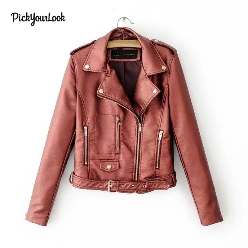 PickYourLook Women PU Jackets Slim Fit Motorcycle Jacket Cool Hip Hop Punk Style Short Outwear Clothes Zipper Pockets Jackets