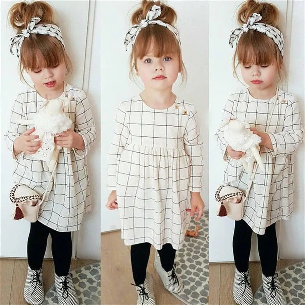 

Pudcoco Girl Dress Toddler Kids Baby Girl Cartoon Plaid Cotton Long Sleeve Dress Outfits Clothes