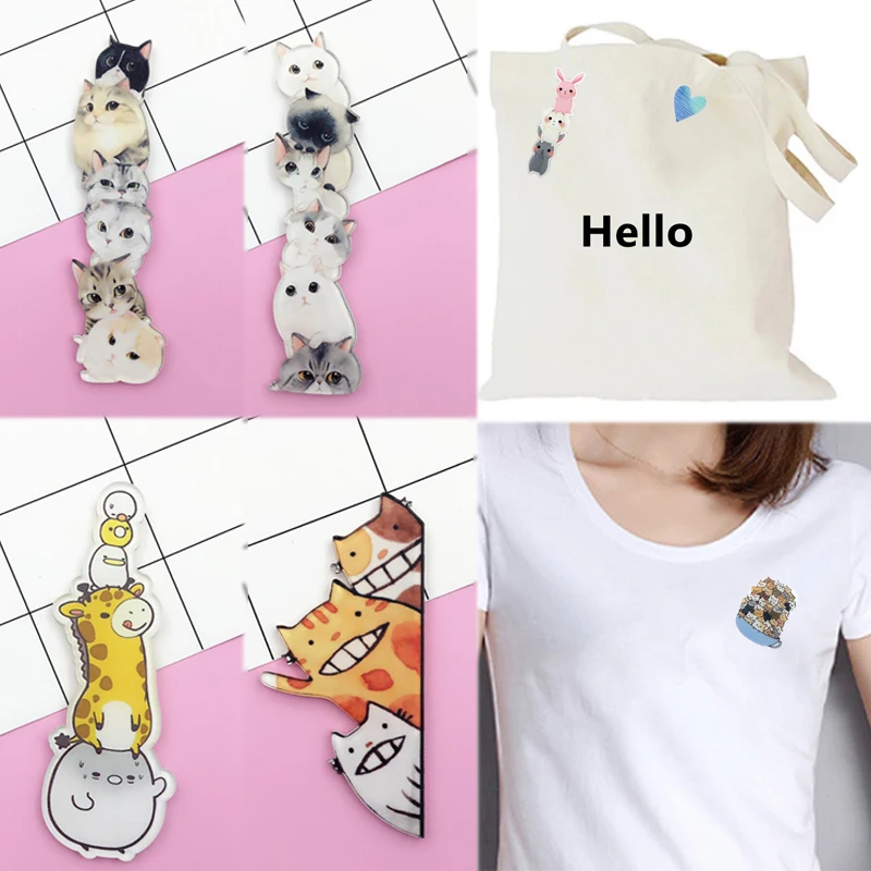 

New 1PCCartoon Animal Skirt DIY Accessories Acrylic Lovely Cute Student Sweater Valentines Gift Icon Brooch Stacked Cats Badges