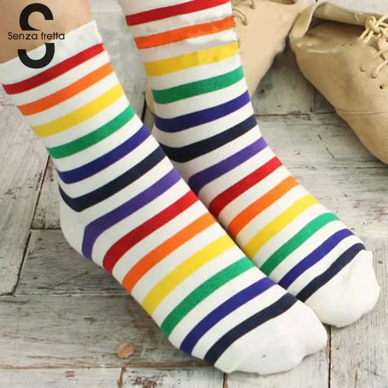 Sweet Rainbow Stripes Cotton Socks Women Girls Fashion Colorful Crew