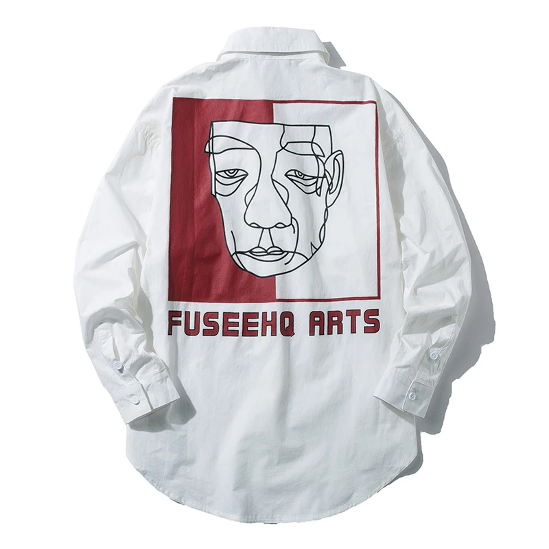 

Men's Long Sleeve Shirt 19 Spring Summer New Loose Abstract Face Print Shirt Jacket Youth Student Personality Casual Men's Wear