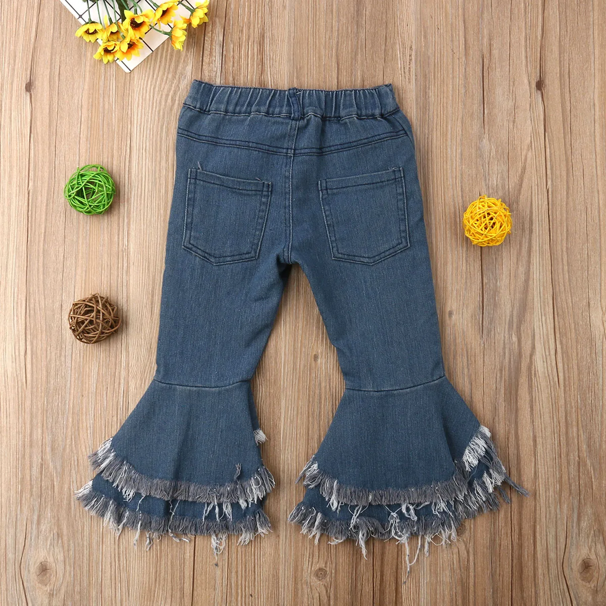 Модные Джинсовые штаны для маленьких девочек 2-7Y кнопка с кисточкой Высокая талия синие расклешенные брюки длинные брюки