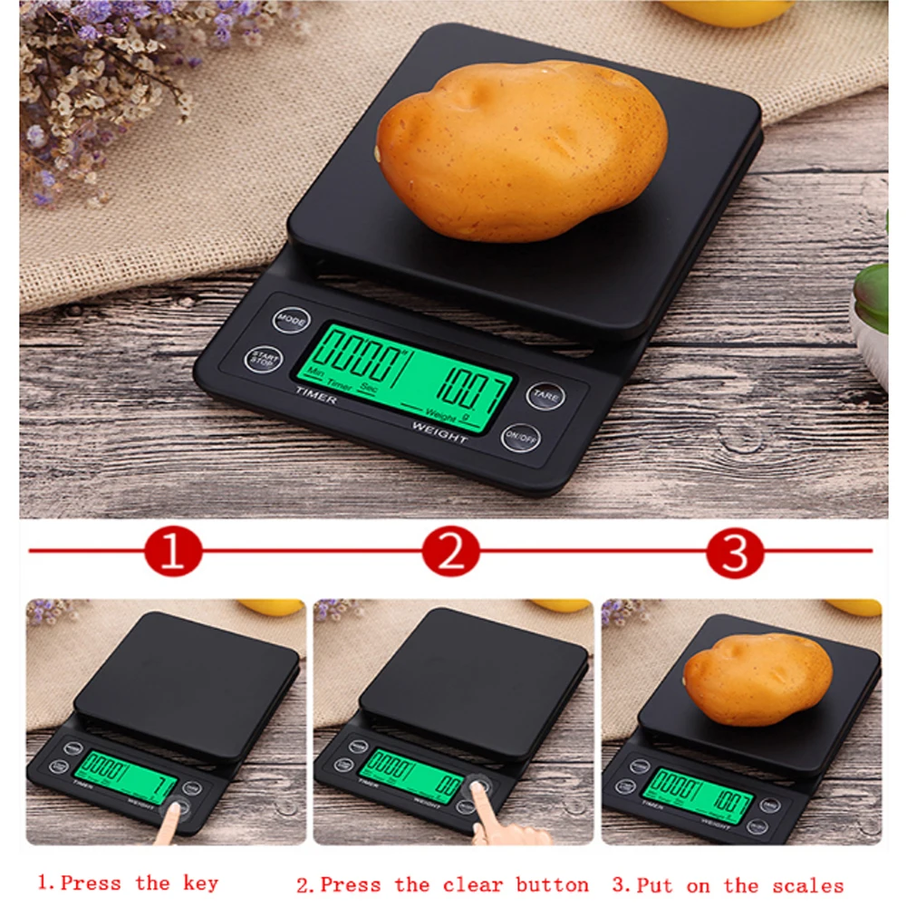 

Black Digital Kitchen Food Coffee Weighing Scale Timer with Back-lit LCD Display Kitchen Scales 0.1g