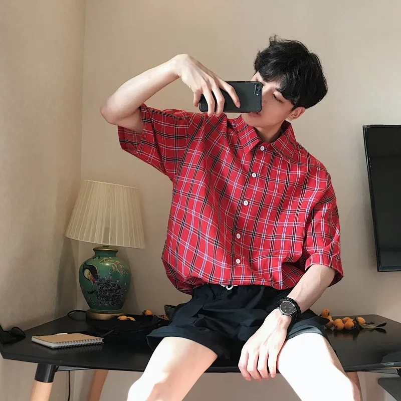 

Men's shirt 2019 summer new slim casual joker plaid printed shirt five points sleeve loose personality youth men's wear