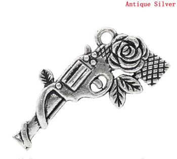 

Lovely Charm Pendants Gun Revolver Silver Color Flower Pattern 33x16mm,20PCs (B22726)