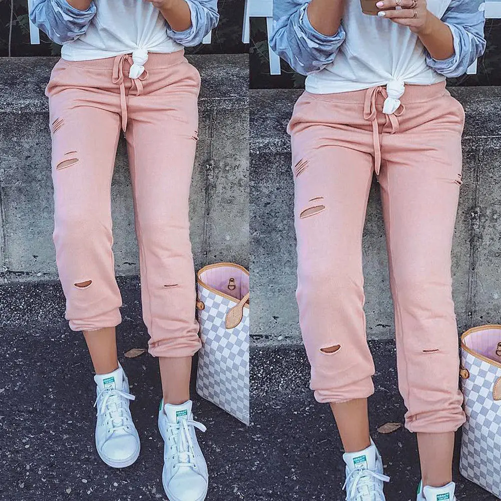 

Women's High Waist Casual Drawstring Elastic Long Pants Ladies Pencil Trousers Ripped Belt