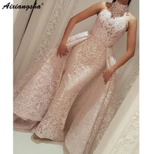 Мусульманские Вечерние платья Русалка с высоким воротом Съемная юбка кружево исламский Дубай Кафтан Саудовская Арабский длинное вечернее платье для выпускного вечера