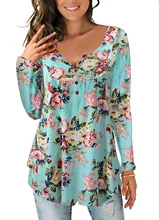1 piece soft Floral Sleeve Curved Hem Shirt Autumn Womens T shirt Casual Ladies button V-neck top tee 1 piece soft Floral Sleeve Curved Hem Shirt Autumn Womens T shirt Casual Ladies button V-neck top tee