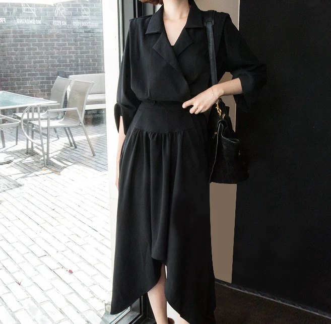 LANMREM Spring New Fashion Korea 2019 New Fashion Notched Three Quarter Sleeve Irregular Hem Mid-calf Dress Woman FA14001 LANMREM Spring New Fashion Korea 2019 New Fashion Notched Three Quarter Sleeve Irregular Hem Mid-calf Dress Woman FA14001