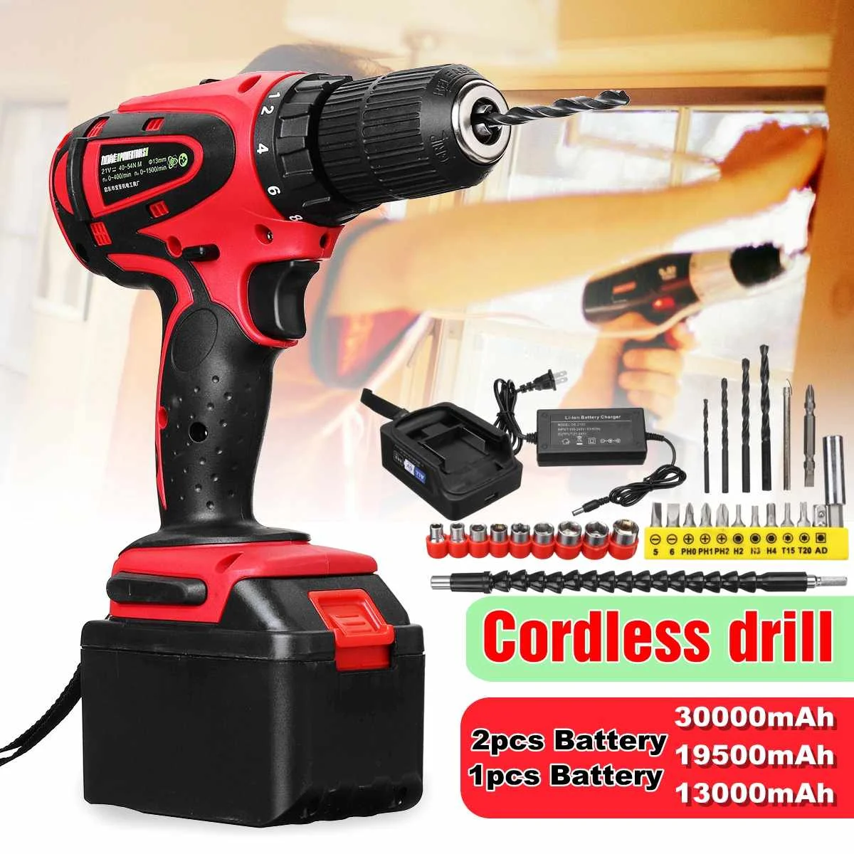 

18V Rechargeable Cordless Power Impact Drills Electric Drill One/Two Battery with 28Pcs Accessories hand driver Wrench powertool