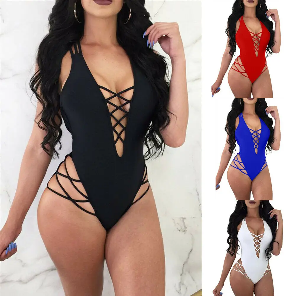 2019 New Arrival Women One-piece Cross Bandage Swimsuit Lady Girls Bathing Monokini Push Up Padded Bikini Swimsuits Swimwear | Спорт и