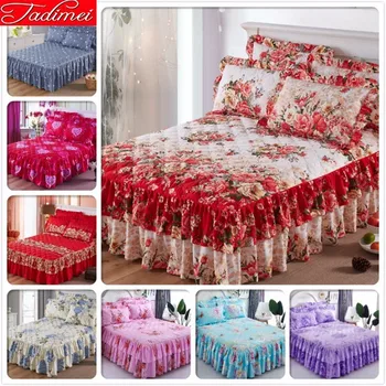 

Lover Couple Adult Kids Girl Red Pink Thick Quilted Bed Skirt Soft Cotton Sheet Cover Linen Single Full Queen Size Bedspreads 2m