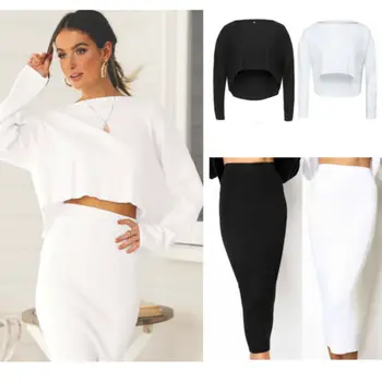 

Fashion 2019 Solid Womens Slim 2 Piece Set Pencil Knee Skirt Top Set Bodycon dress Party Long Sleeve Women Set