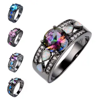 

Fashion Lovers Ring Infinity Mystic Round Fire Opal Ring Black Gold Color Jewelry Size 5-11 Rainbow Ring