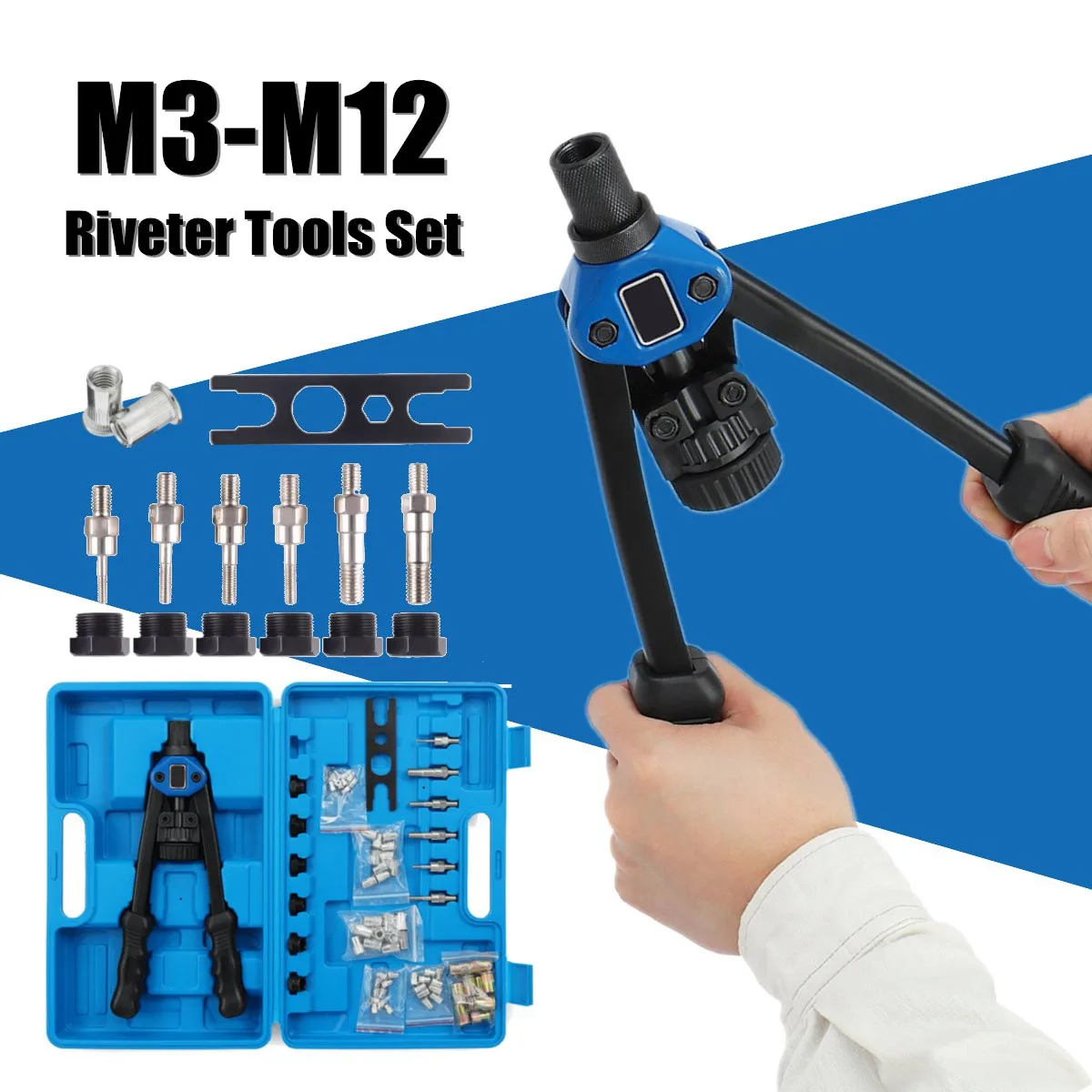 

Metal M3-M12 Riveter Tools Set Nut Riveting Screw Kits Rivnut Nutsert Threaded Insert Rivet Guns Home DIY Repair Tools Box