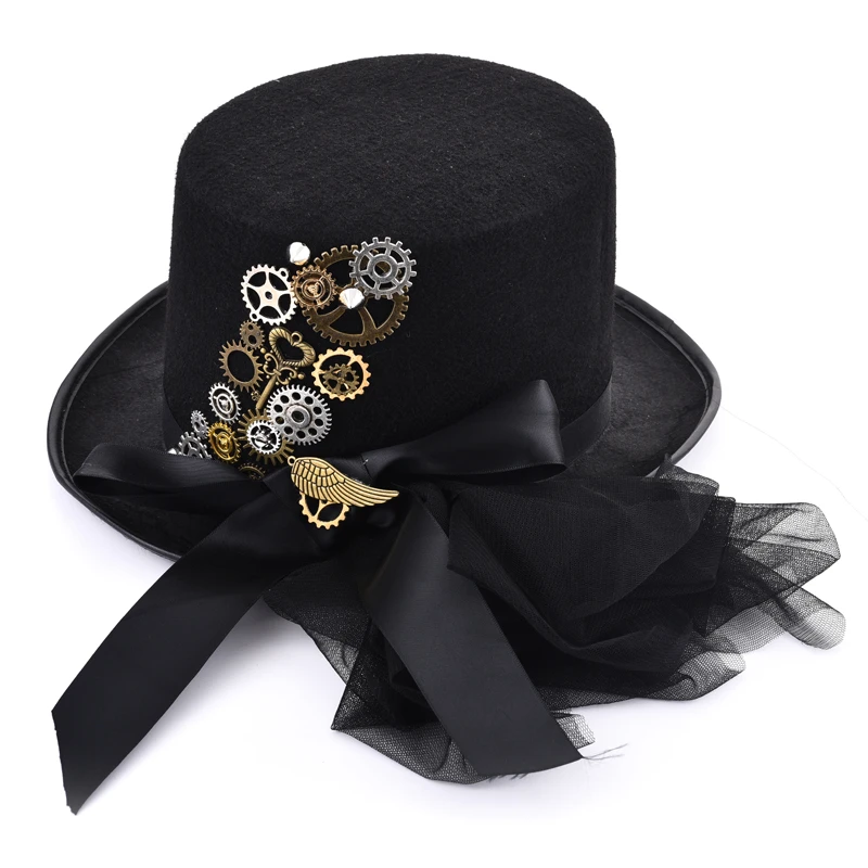 Sombrero copa gótico victoriano Retro negro para hombres/mujeres, sombreros de cabeza de ala con velos, pinchos con Steampunk, para hombre| - AliExpress