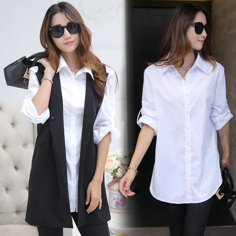 

Spring And Autumn Shirt Female Long Sleeve And Long Sections Bottoming Shirt Loose 2019 Korean-Style Versatile Leisure White