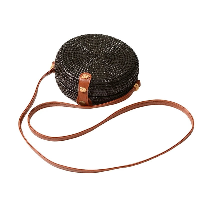 

Black Beach Retro Rattan Bag Woven Handmade Ladies Round Sling Straw Bag