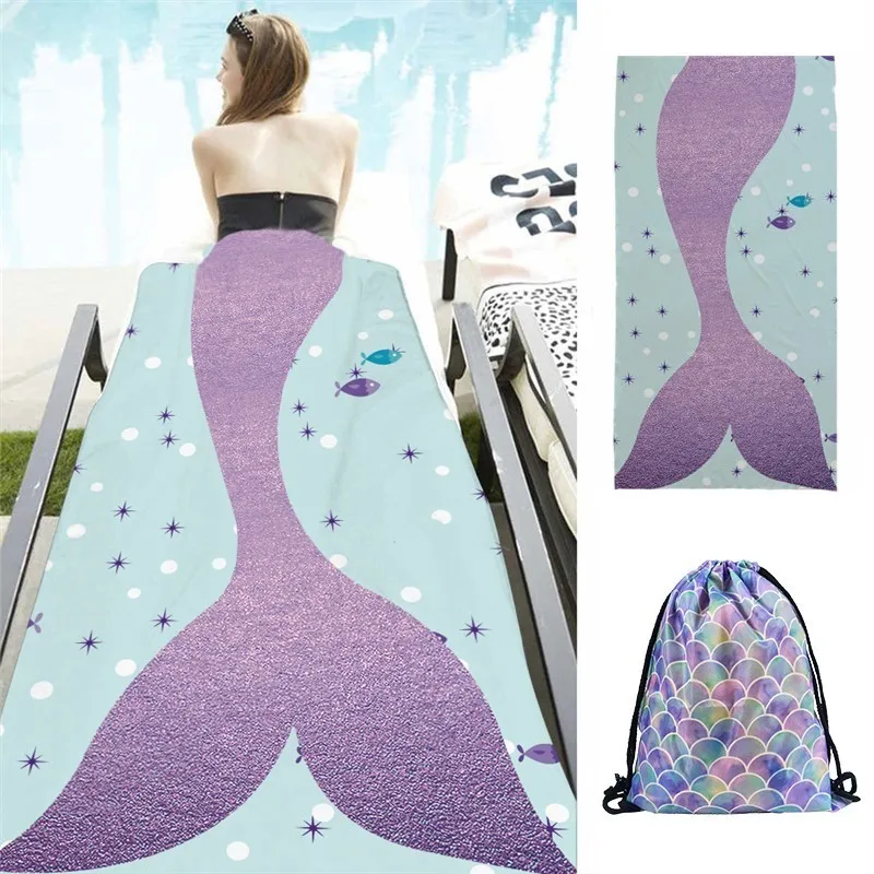 

Mermaid Large Size 150*75cm Summer Beach Bath Towel Fashion Absorbent Microfiber 200g Thin Towel Bundle Pocket Storage Bag