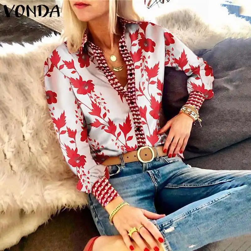 

VONDA Women Vintage Floral Print Blouses Shirts Casual Loose Plus Size Tops Sexy V Neck Long Puff Sleeve Blusas Femininas