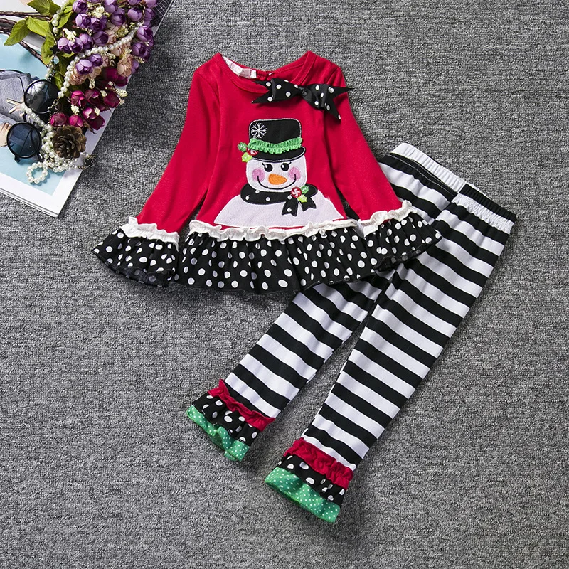 

T00084 Europe and America New Fashion Christmas Snowman pattern Shirt+striped Pants Set two-piece Dress Christmas Girl Clothes
