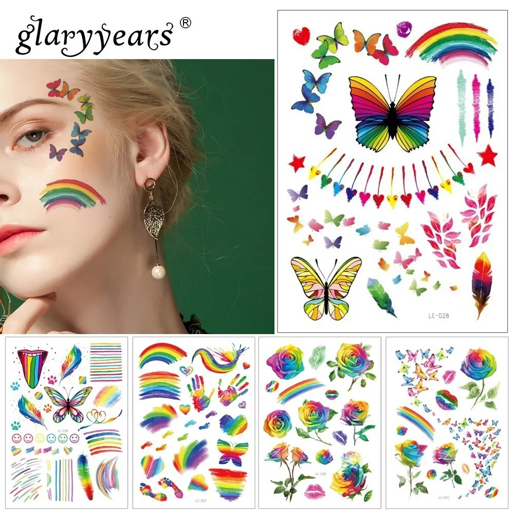 Glaryyears 1 ورقة الملونة المؤقتة ملصقا الوشم وهمية الوشم قوس قزح ماكياج فلاش تاتو للماء صغيرة الجسم الفن الرجال النساء