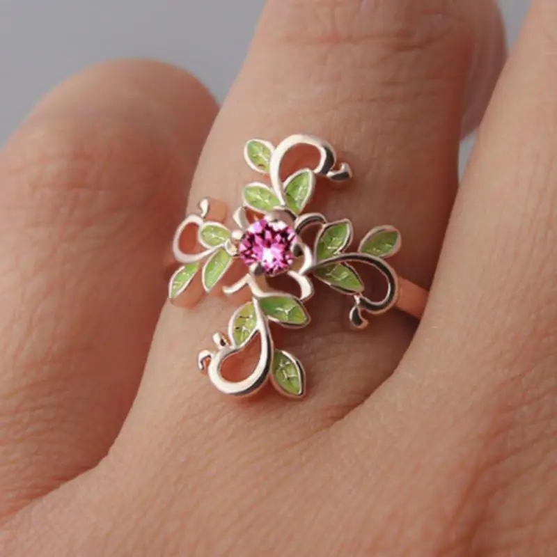 

1PC Women Fashion Ring Zirconia Alloy Rose Gold/Sliver Dripping Oil Style Jewelry Cross Green Leaves